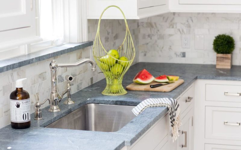 Soapstone slab with deep charcoal coloring.