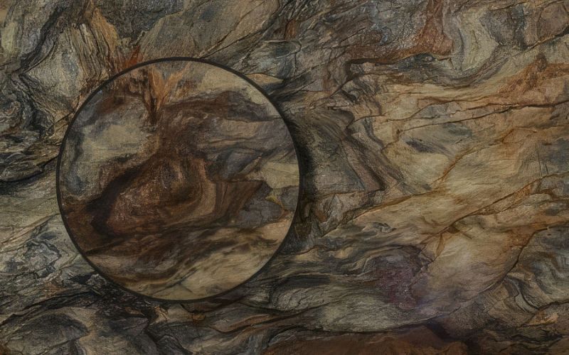 Polished quartzite slab with gray pattern.