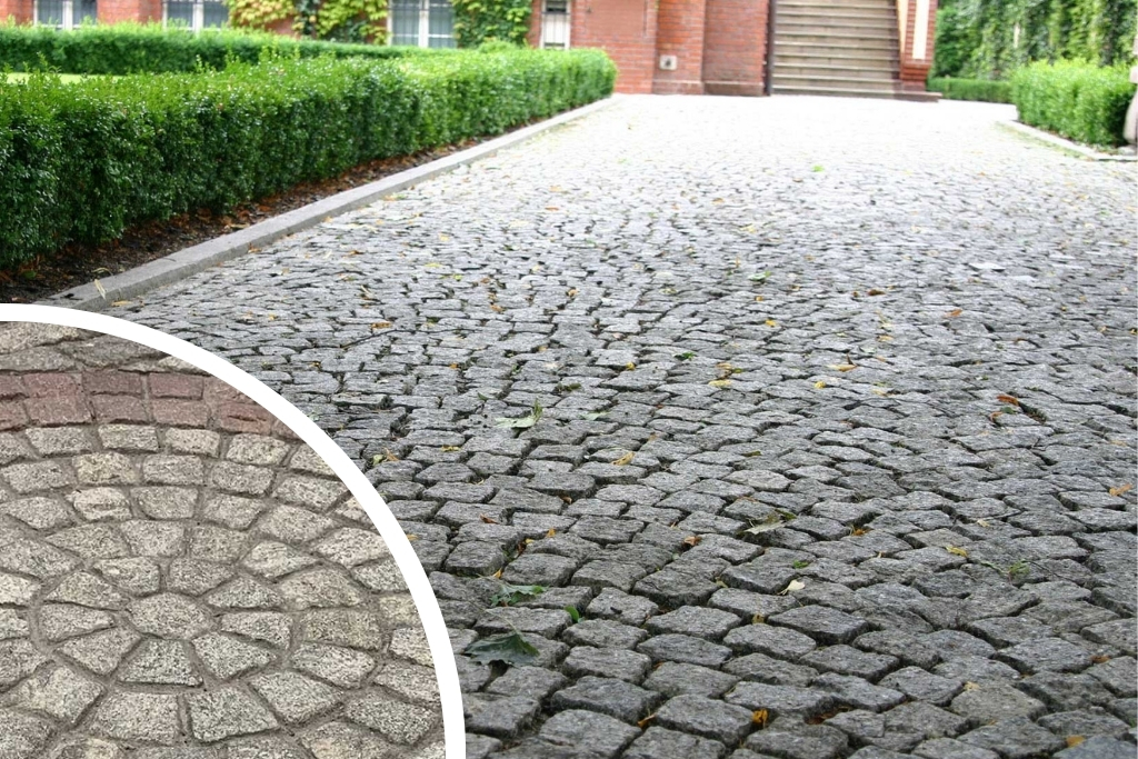 Cobblestone driveway and cobblestone patio.