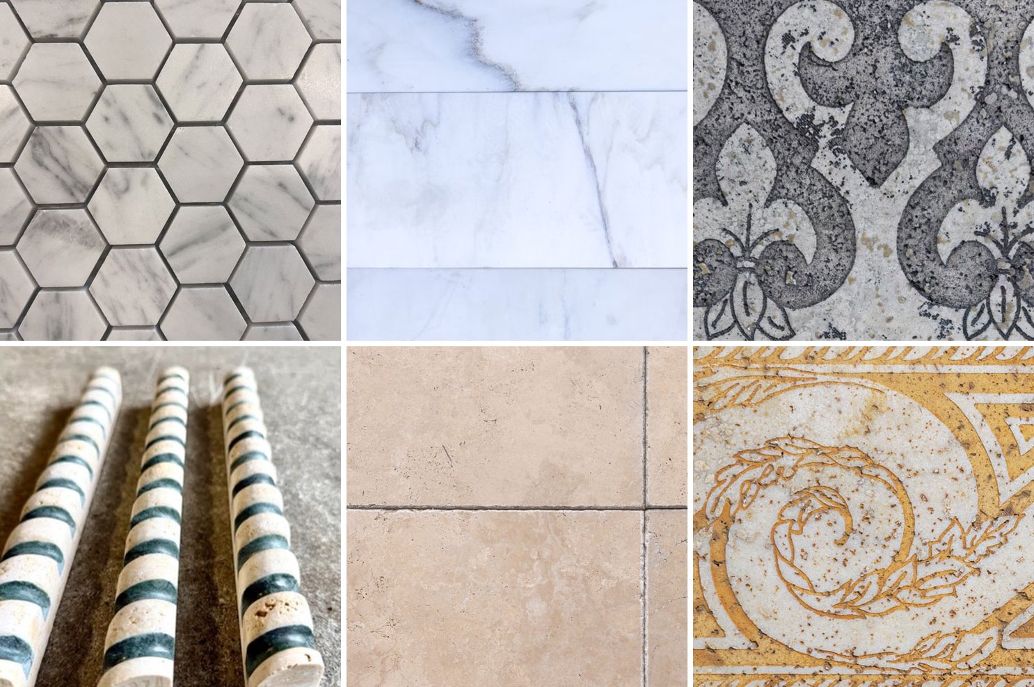 Six Final Sale stones, including marble mosaic, marble field tile, travertine borders, and etched limestone tile.